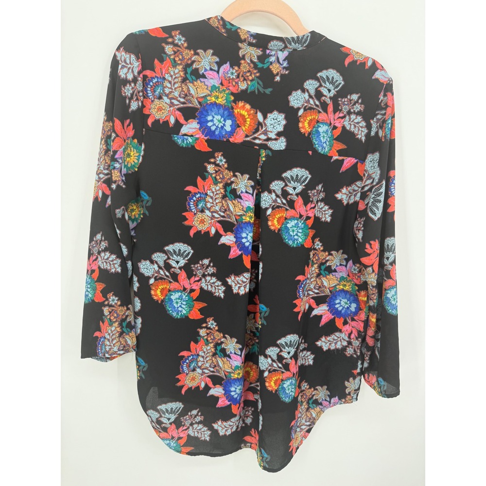 Gibson Latimer Blouse Women Medium Black Floral Roll Tab Sleeve Split Neck Top - Picture 6 of 8
